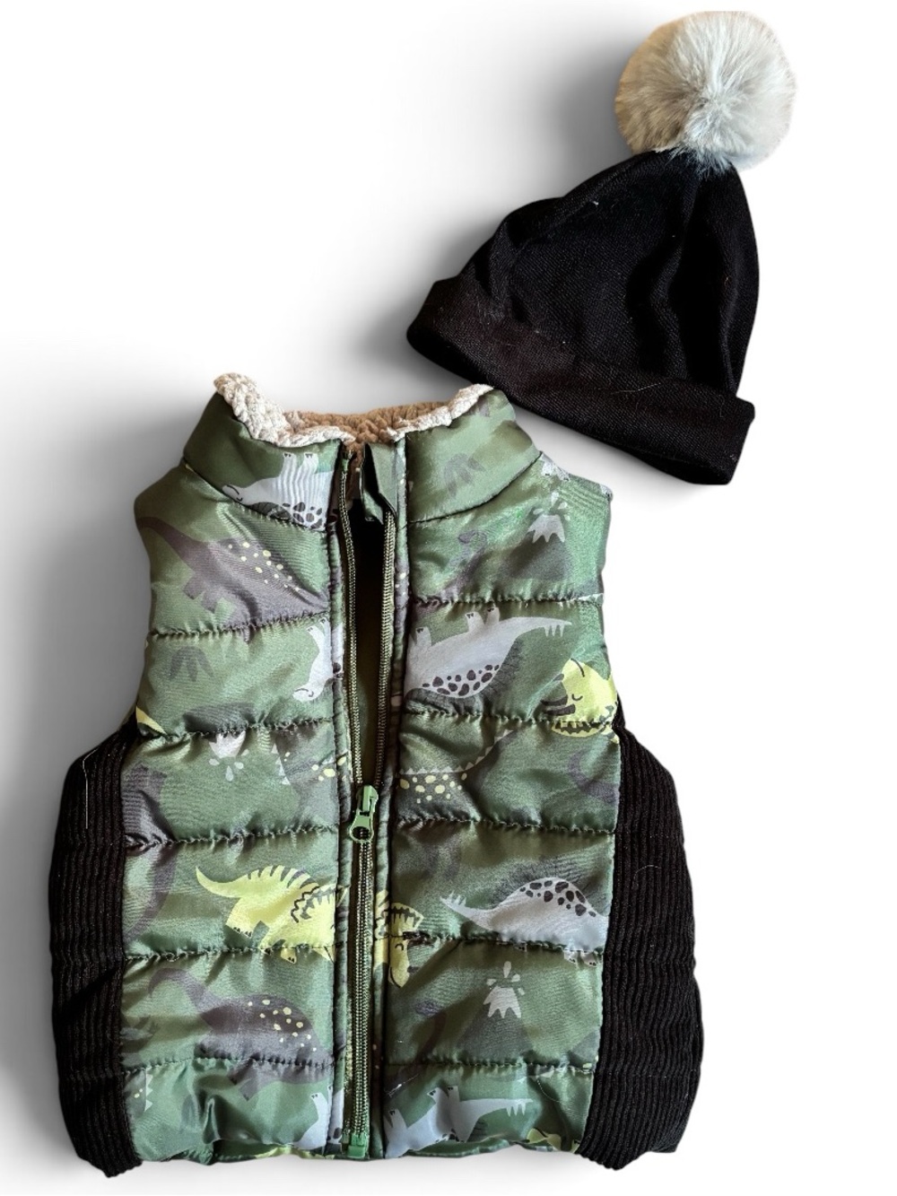 🎉 (18m) Max & Marcus Toddler Boy Dino Puffer Vest + Black Faux Pom Beanie
